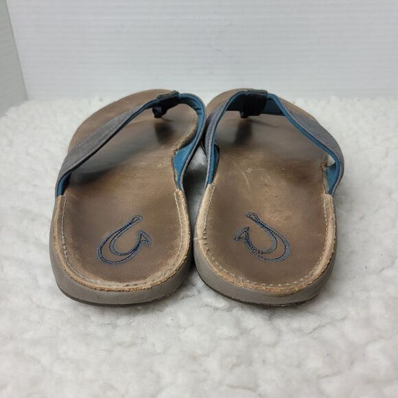 OluKai Nui Sandal Mens Flip Flop Size 12 Tan Gray Leather Sandals - Picture 4 of 11